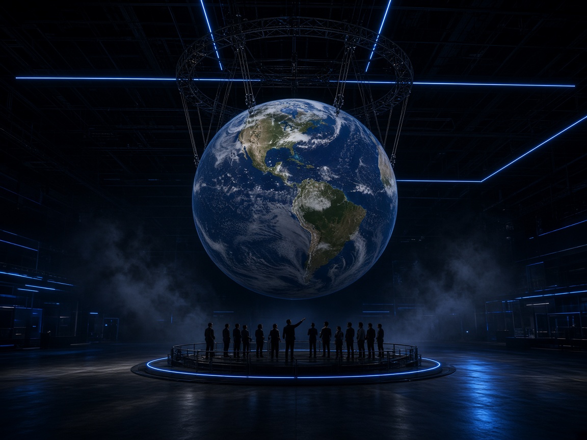 A spherical LED display showing planet Earth suspended in an exhibition hall
