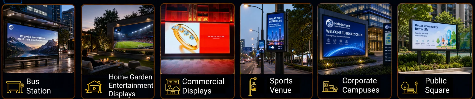 CA Series applications: bus station, home garden entertainment, commercial displays, sports venue, corporate campus, public square