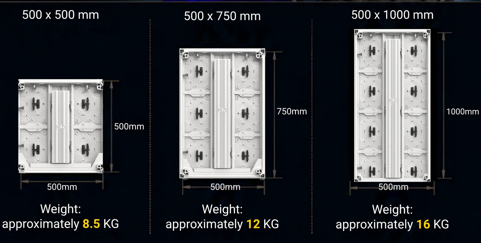 Cabinet sizes 500×500 (8.5 kg), 500×750 (12 kg), 500×1000 (16 kg)