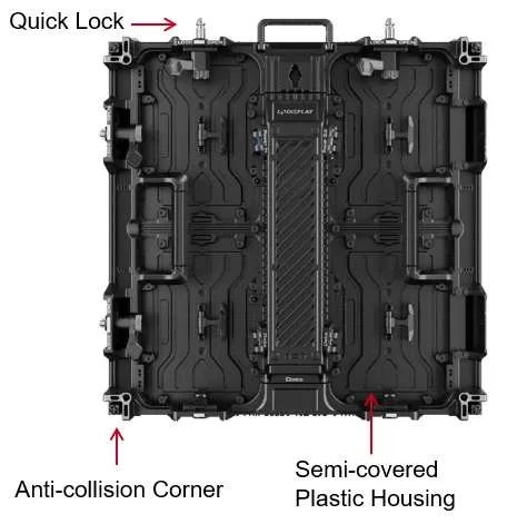 Cabinet rear with quick lock, anti-collision corners and semi-covered plastic housing
