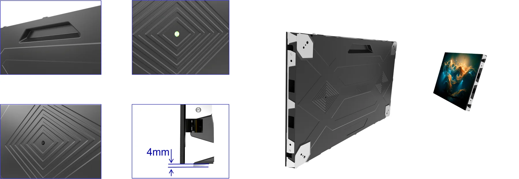 LS Series cabinet details: handle, rear texture, status light and 4 mm module seam